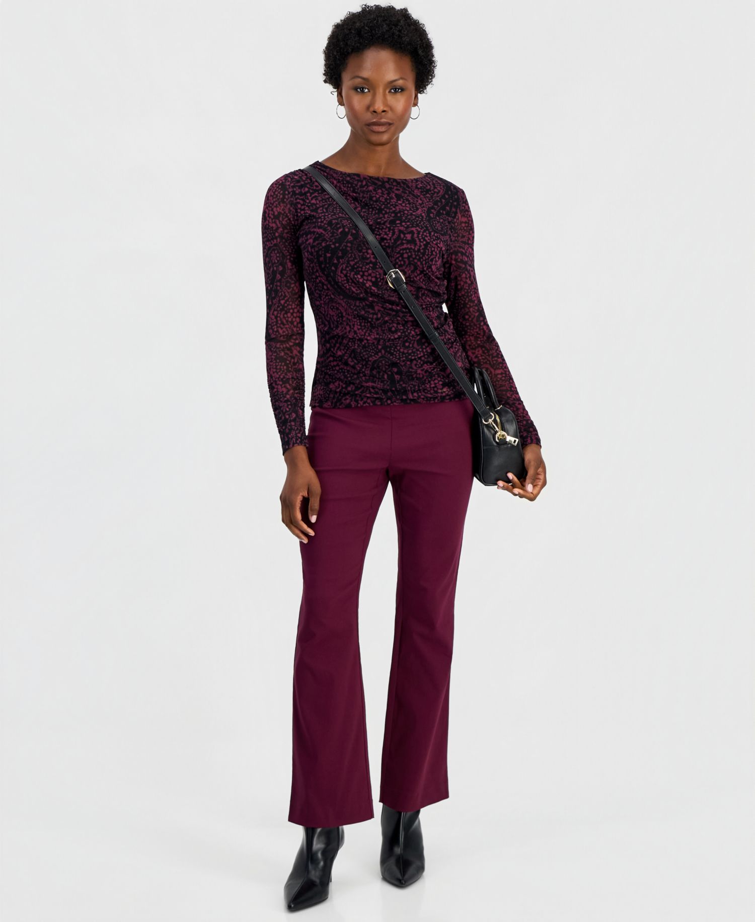 Women's Petite Long-Sleeve Ruched Mesh Top