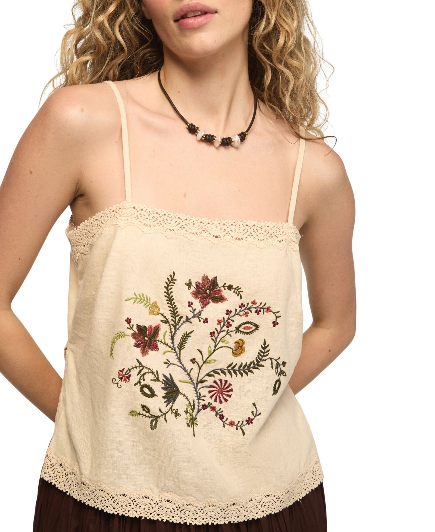 Women's Floral Contrast Embroidered Square Neck Tank Top