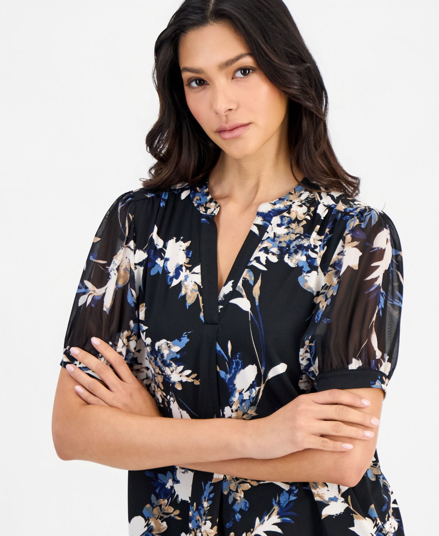 Petite Floral Split-Neck 3/4-Sleeve Blouse