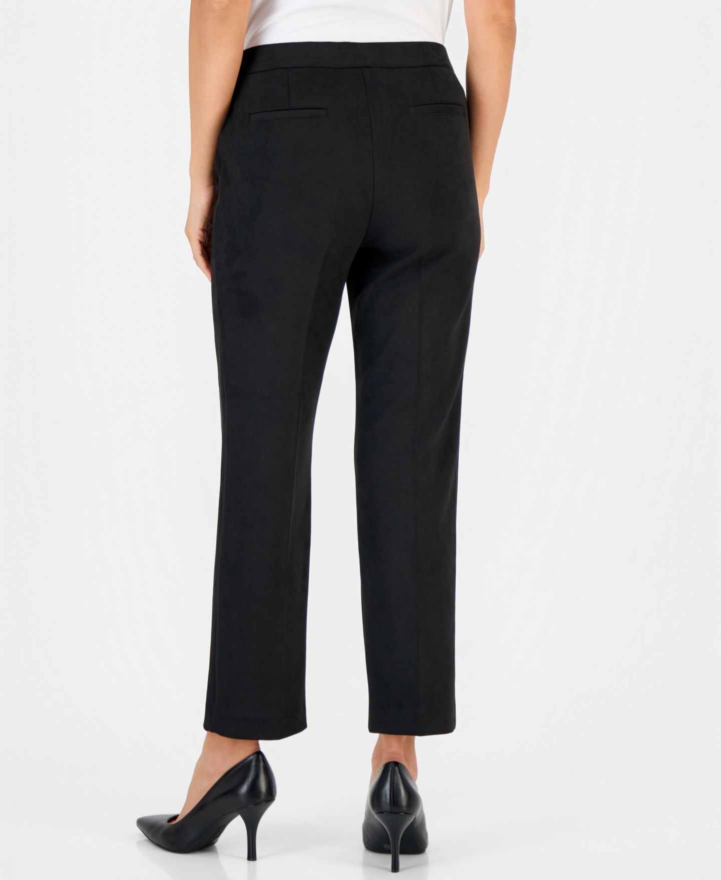 Женские брюки Anne Klein Essentials Petite Faux Suede Pull-On Straight-Leg Pintuck, цвет: Чёрный — фото 2