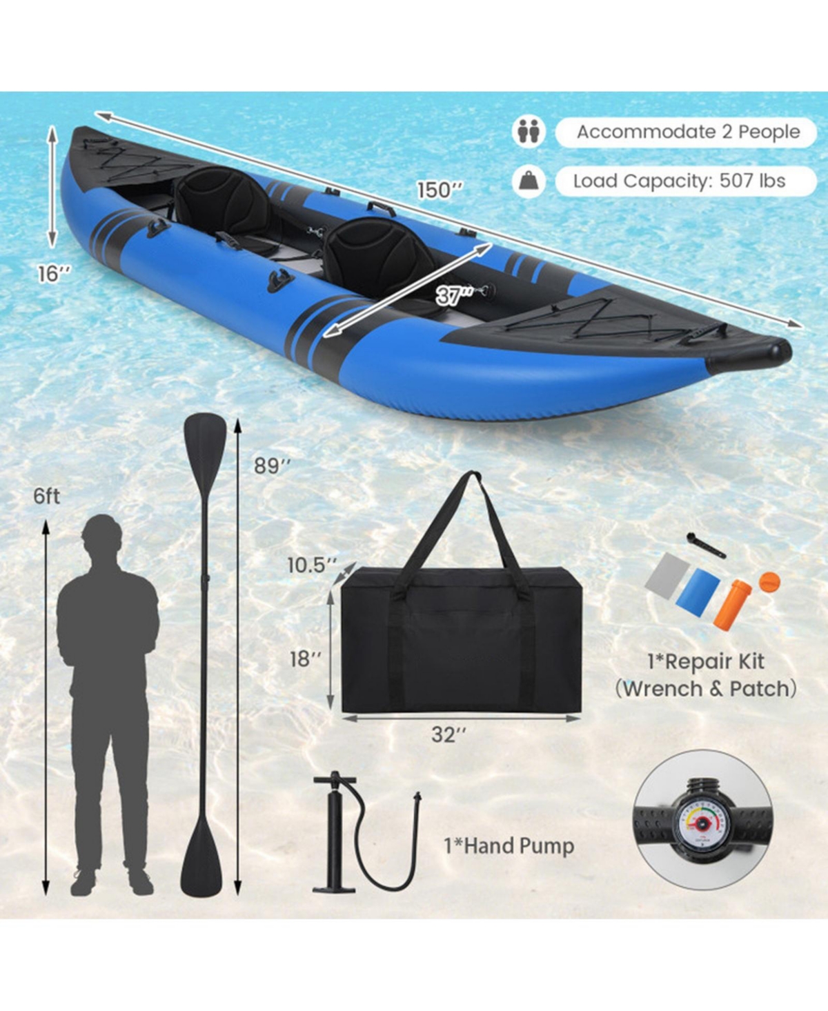 Sevorley Inflatable 2-Person Kayak Set with Aluminum Oars Pump and Repair Kit