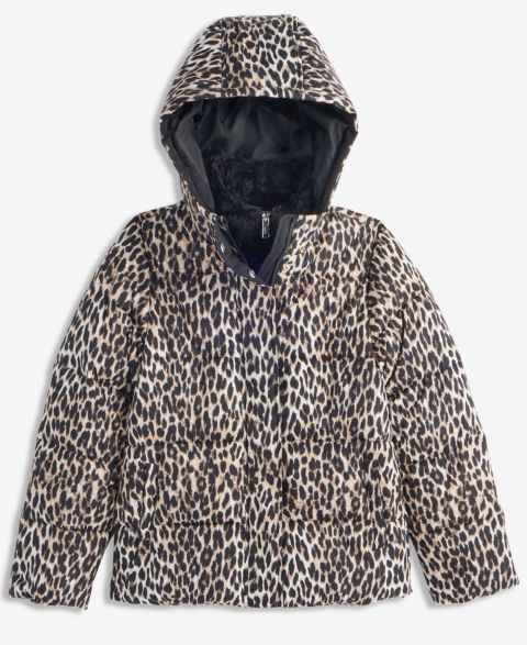 Куртка S Rothschild & CO Contrast-Vestee Hooded Puffer Jacket для девочек, цвет: Чёрный / Леопардовый