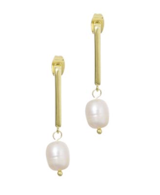 Gold Natural Freshwater Pearl Rectangle Drop Earrings