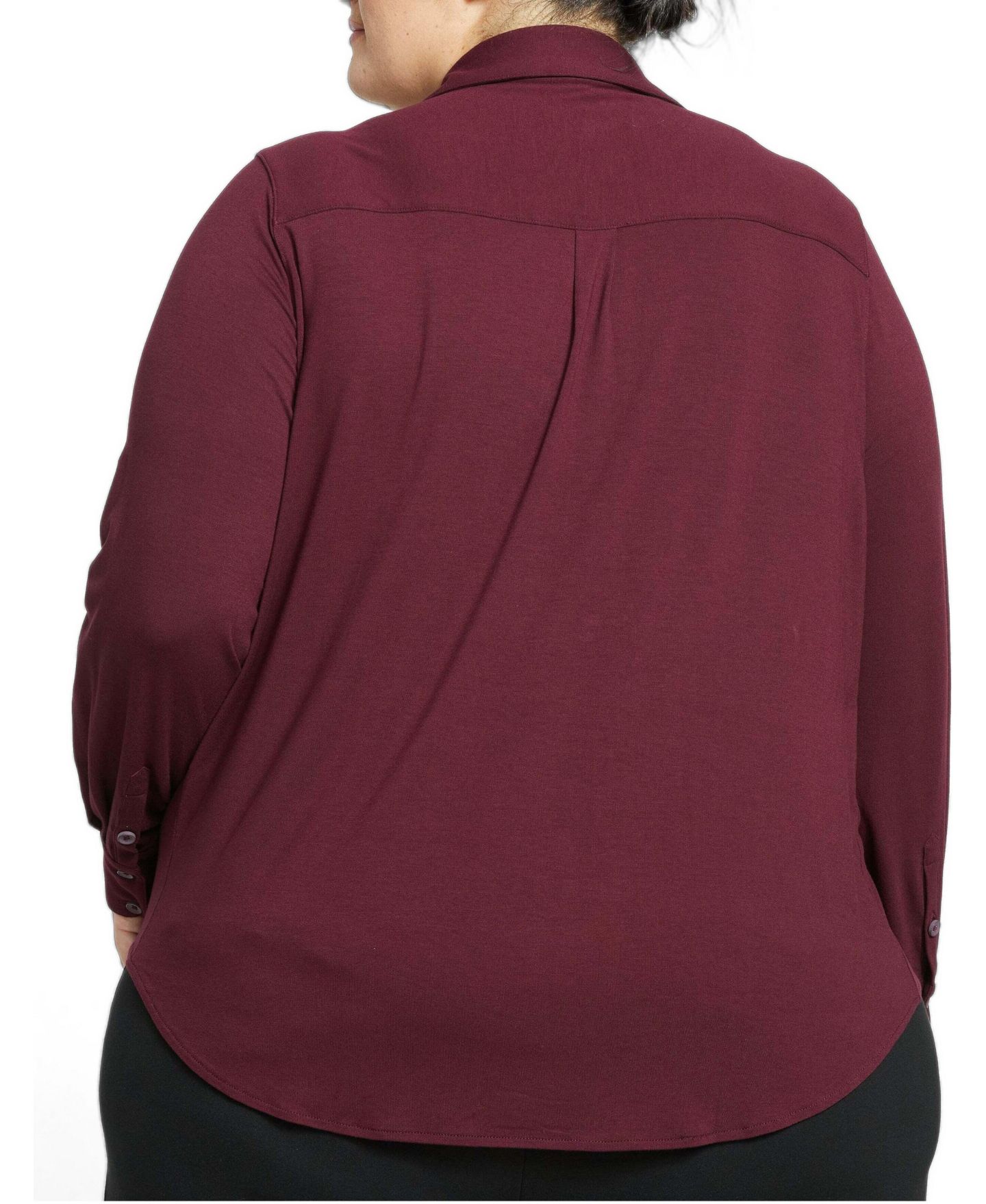 Женская рубашка Universal Standard Plus Size Elbe Popover Liquid Jersey Shirt Classic Fit, цвет: Чёрный вишнёвый — фото 2