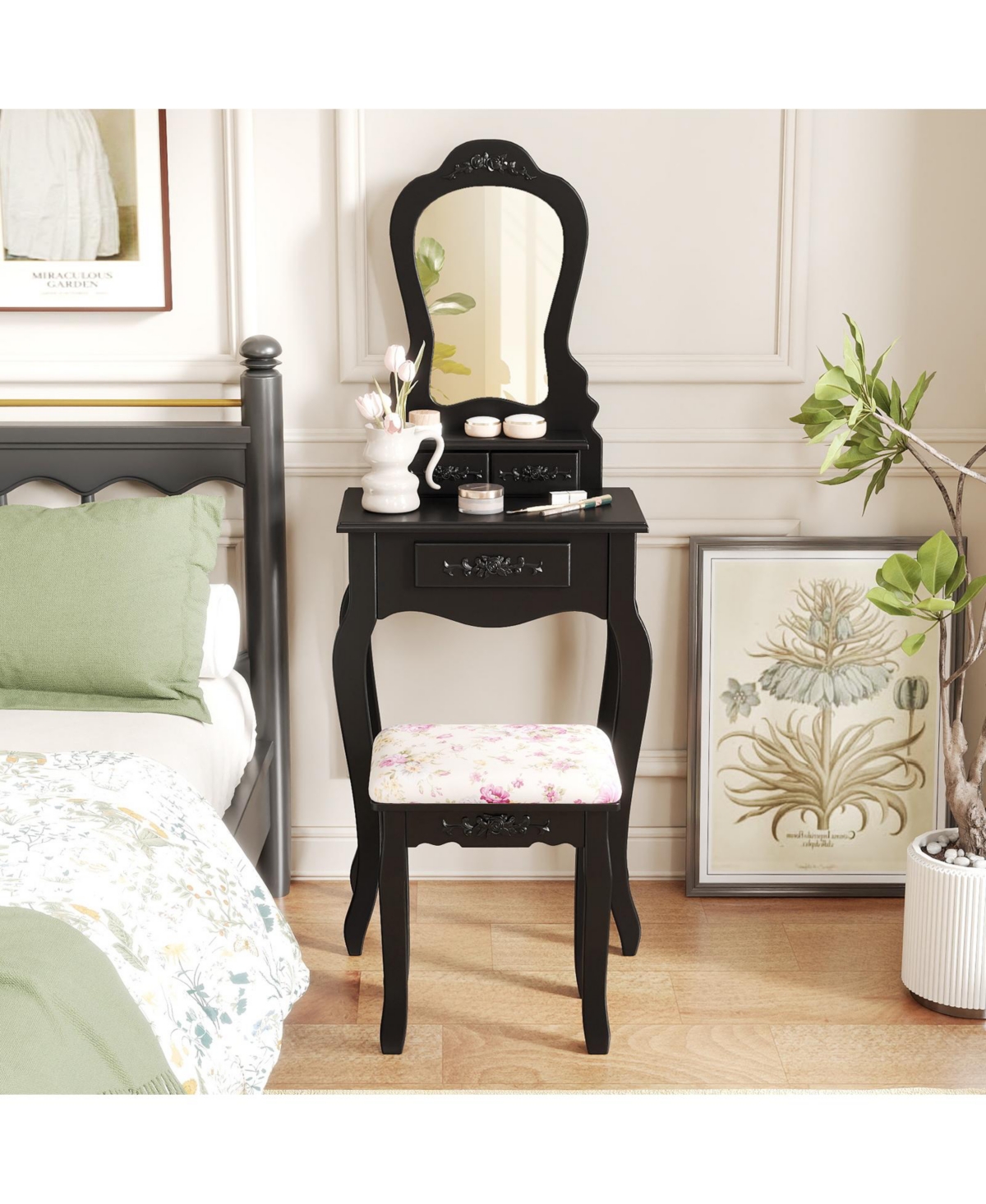 Volenca 3-Drawer Makeup Vanity Set with Fan-Shape Mirror, Cushioned Stool, Black
