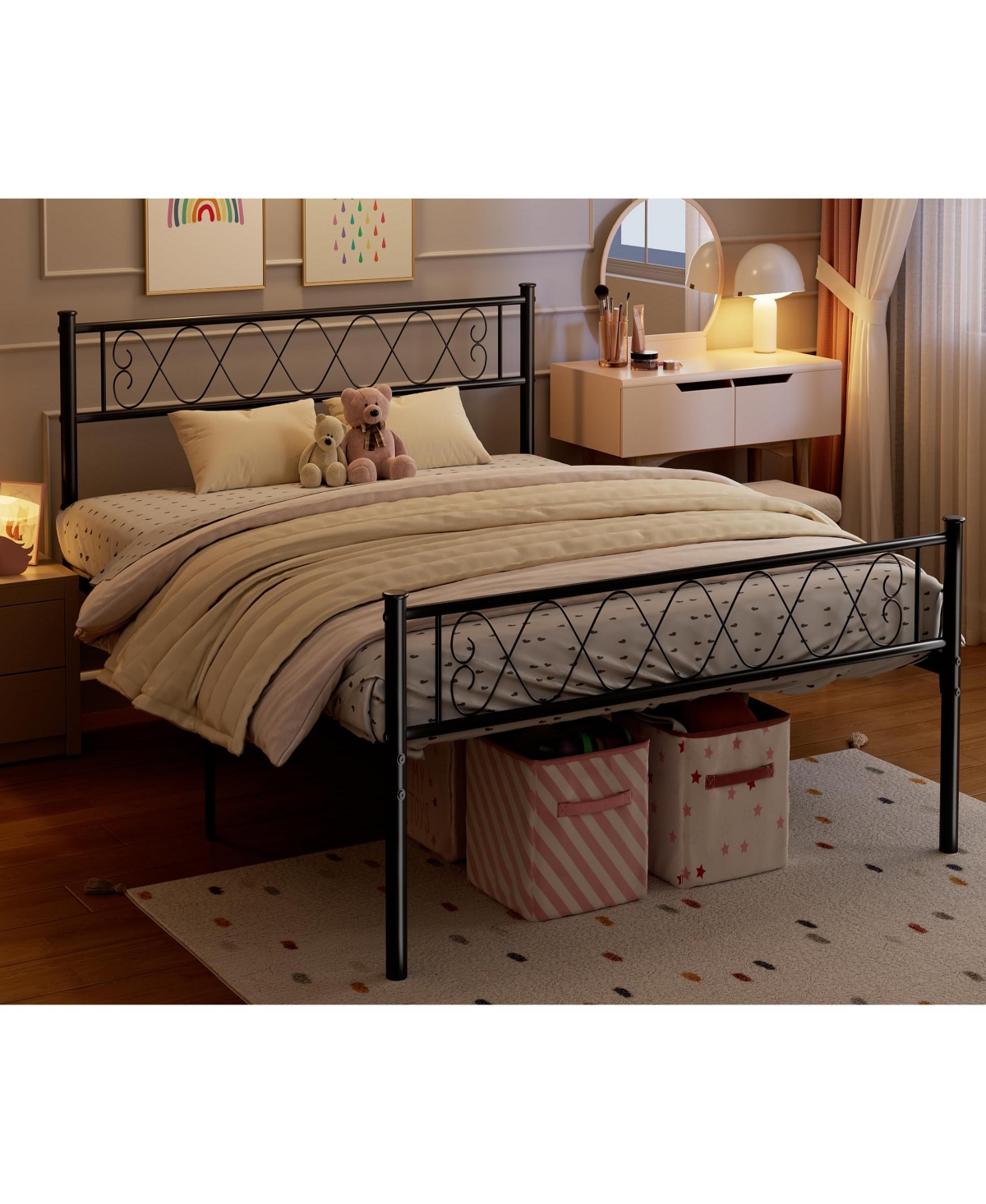 homfan Metal Platform Bed Frame with Headboard and Footboard, Metal Slats, 13.7 Inch Underbed Storage
