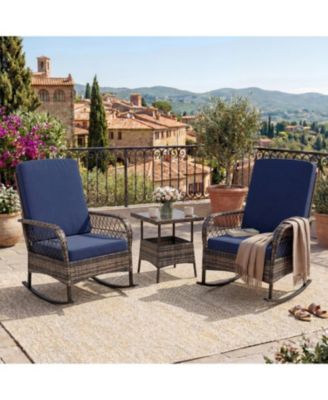 3-Piece Patio Furniture Set 2 Rocking Chairs and Glass Table, Outdoor Wicker Seating