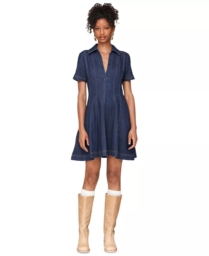 Women's Denim Collared Fit and Flare Mini Dress