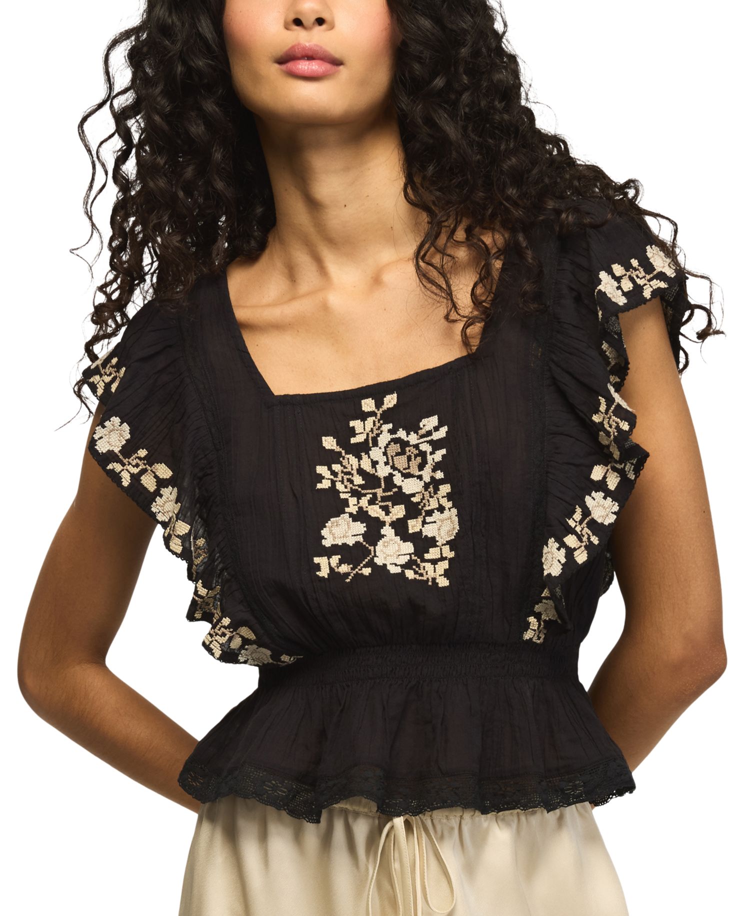 Women's Contrast Embroidered Square Neck Ruffle Top
