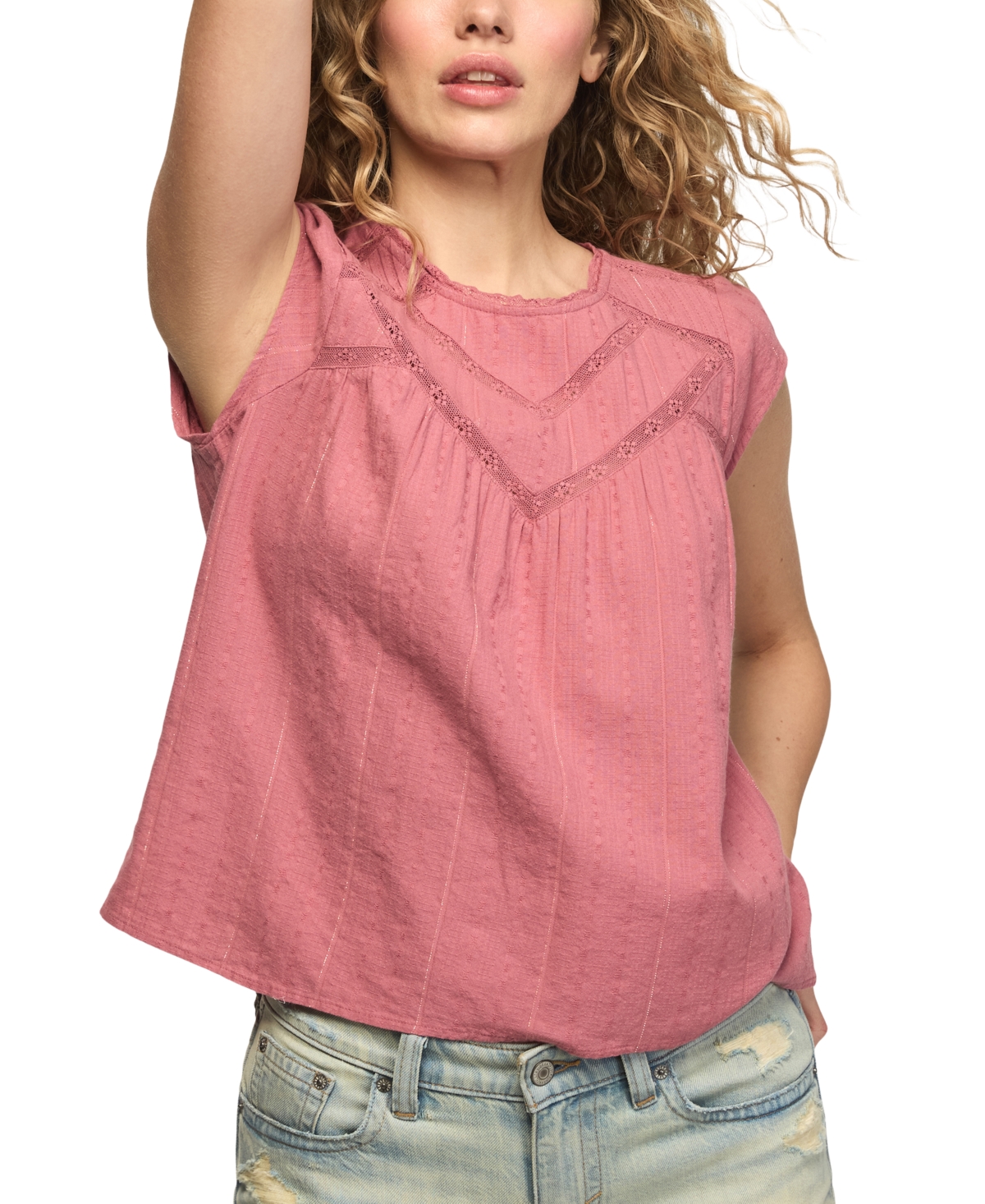 Lucky Brand Women's Crewneck Lace Yoke Flutter Top