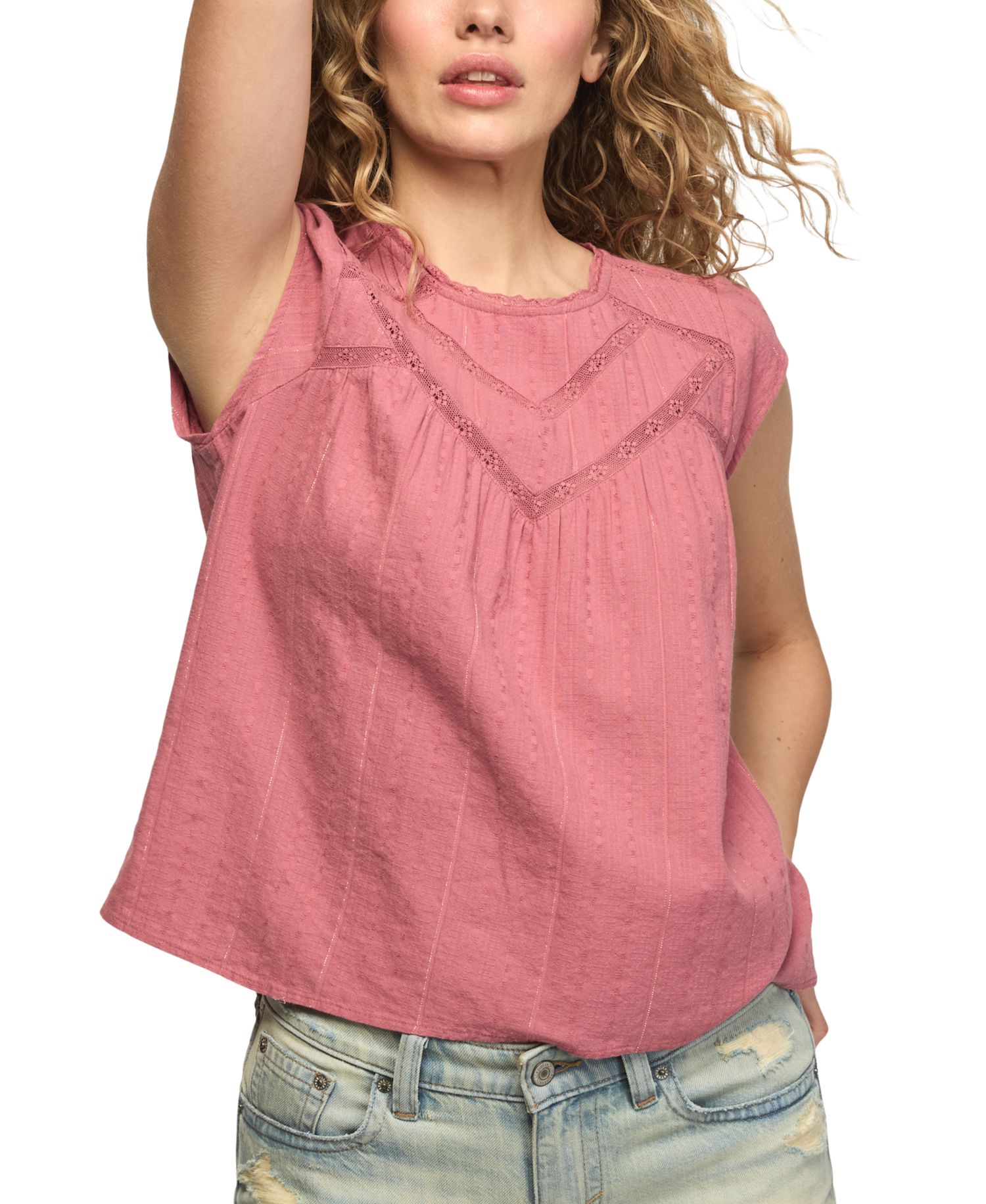 Women's Crewneck Lace Yoke Flutter Top