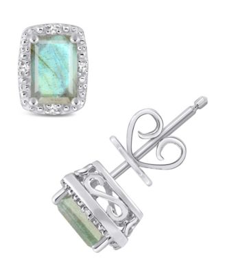 Onyx & Diamond Accent Rectangle Stud Earrings in Sterling Silver (Also in Turquoise & Labradorite)