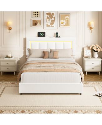 Bed Frame with 4 Drawers, Pu Leather Platform Bed with Led Lights and Charging Station for Bedroom