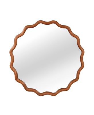 30-inch Wavy Round Solid Wood Frame Decorative Mirror, For Bedroom, Bathroom, Living Room, Entryway