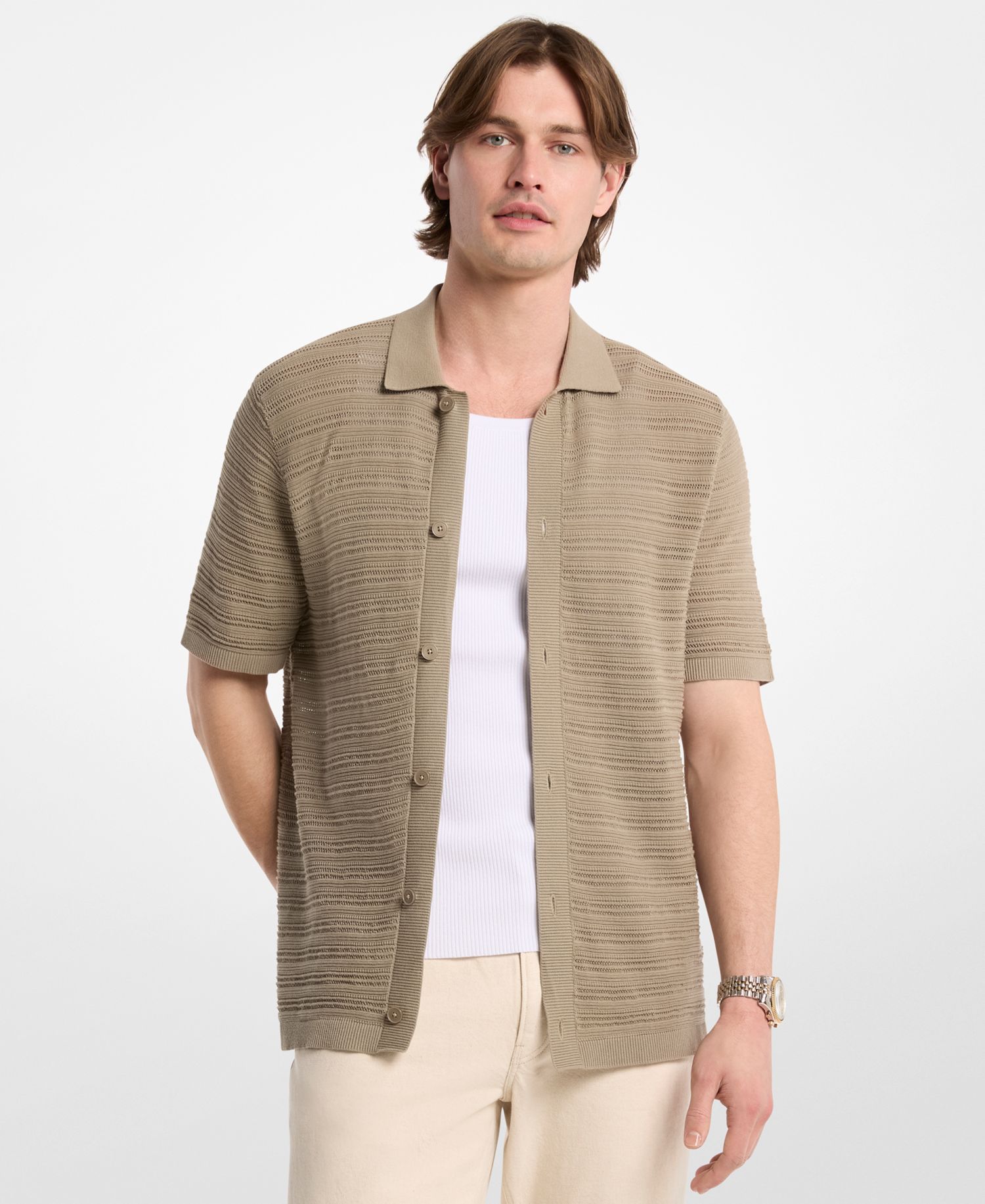 Men's Open-Stitch Cotton Short-Sleeve Shirt