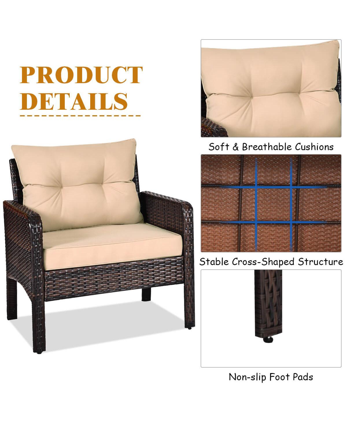 Costway 3 Pieces Patio Pe Wicker Furniture Set with Cushions and Tempered Glass Coffee Table