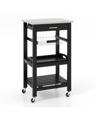 Kitchen Rolling Island Cart with Stainless Steel Tabletop and Wire Basket