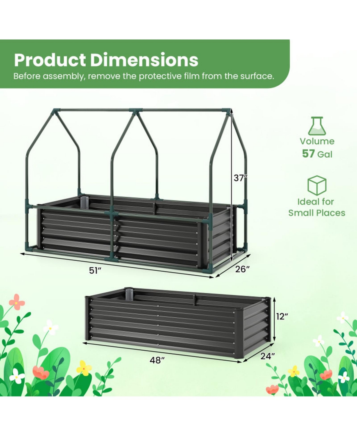 Gouun 4 x 2 x 3 ft Small Galvanized Raised Garden Bed with Greenhouse Cover