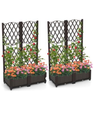 Set of 2 PE Rattan Raised Garden Beds with Climbing Trellis