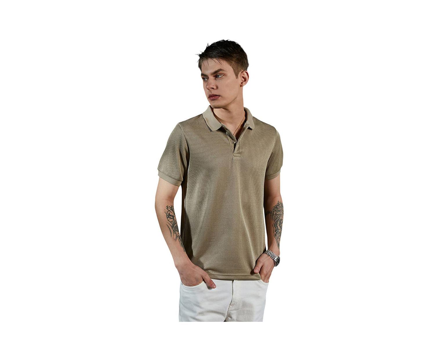 Men's Camel Beige Solid Ribbed Polo T-Shirt