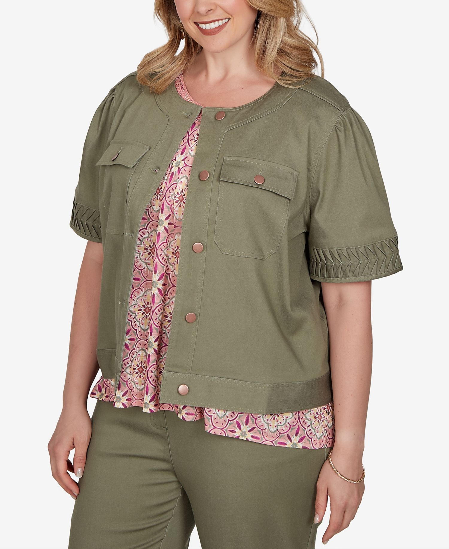 Plus Size Pleated Short-Sleeve Soft Denim Jacket