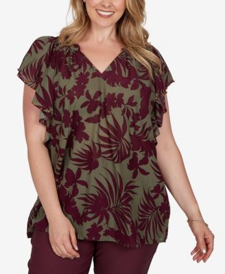 Plus Size Tropical Print Gauze Flutter-Sleeve Top