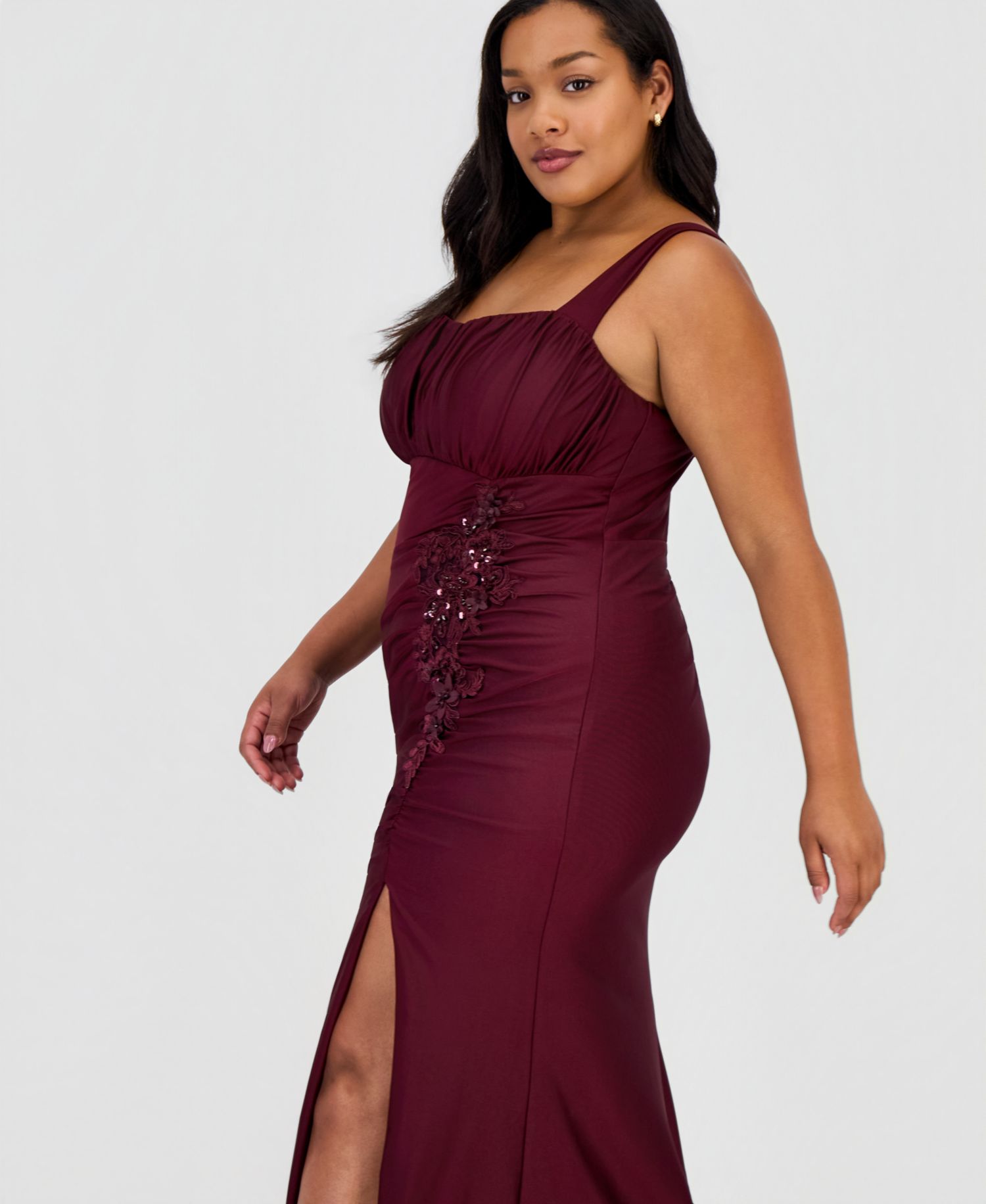 Trendy Plus Size Ruched Satin Appliqu&eacute; Gown