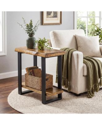 Solid Wood Side Table, Industrial Pine Wood Nightstand with Iron Frame, 2-Tier Storage Shelf