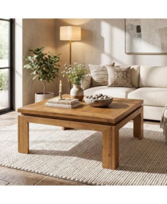 Solid Wood Square Coffee Table, 39.4" x 39.4" Farmhouse Cocktail Center Table with Recessed Edge Design, Easy Assembly