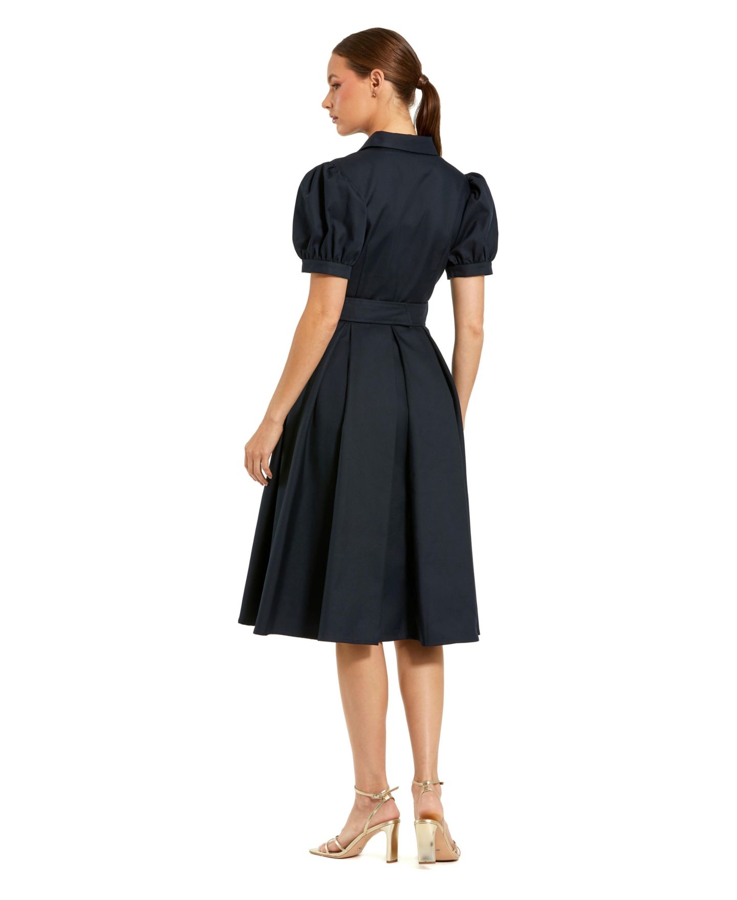 Женское платье Mac Duggal Puff Sleeve Shirt Dress with Belted Waist, цвет: Тёмно-синий — фото 2