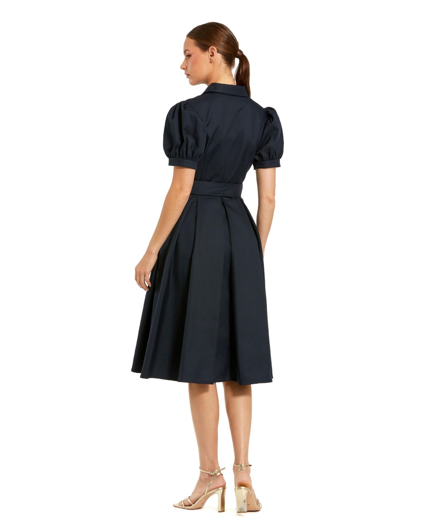 Women's Puff Sleeve Shirt Dress with Belted Waist