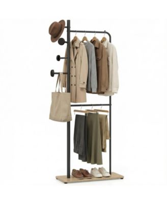 DoublebRod Freestanding Garment Rack with Rubber Wood Hooks and Bottom Shelf