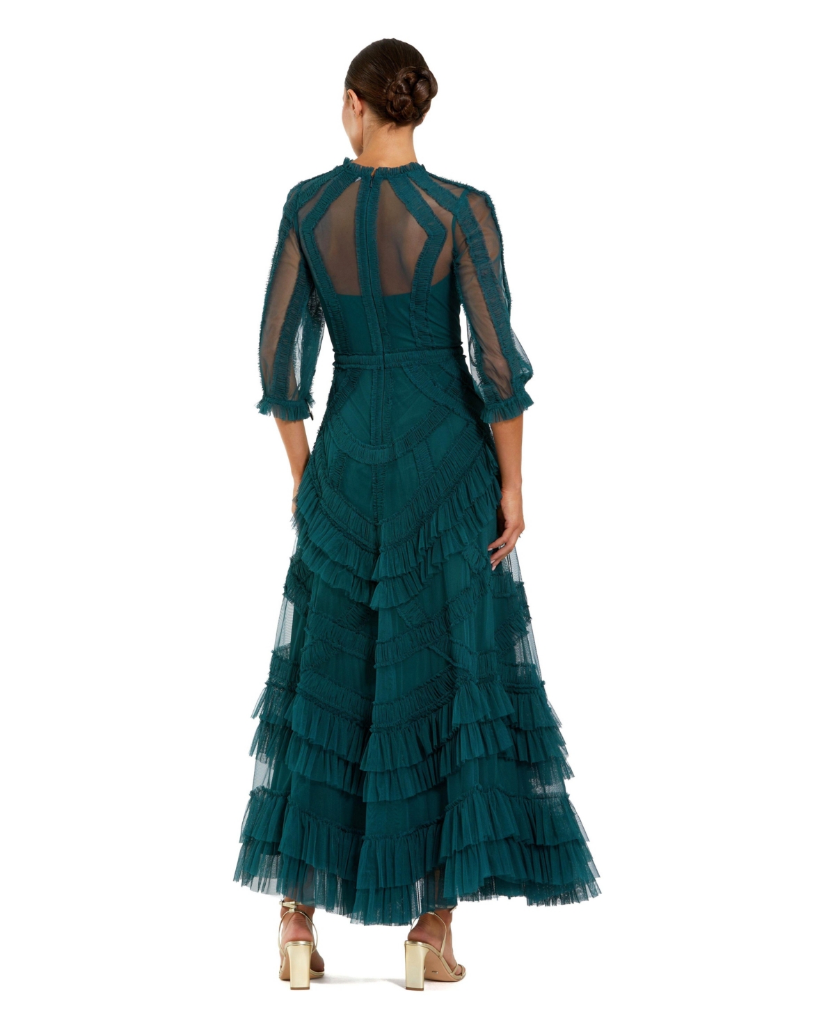 Mac Duggal Women's Sleeve Tiered Ruffle Mesh Gown