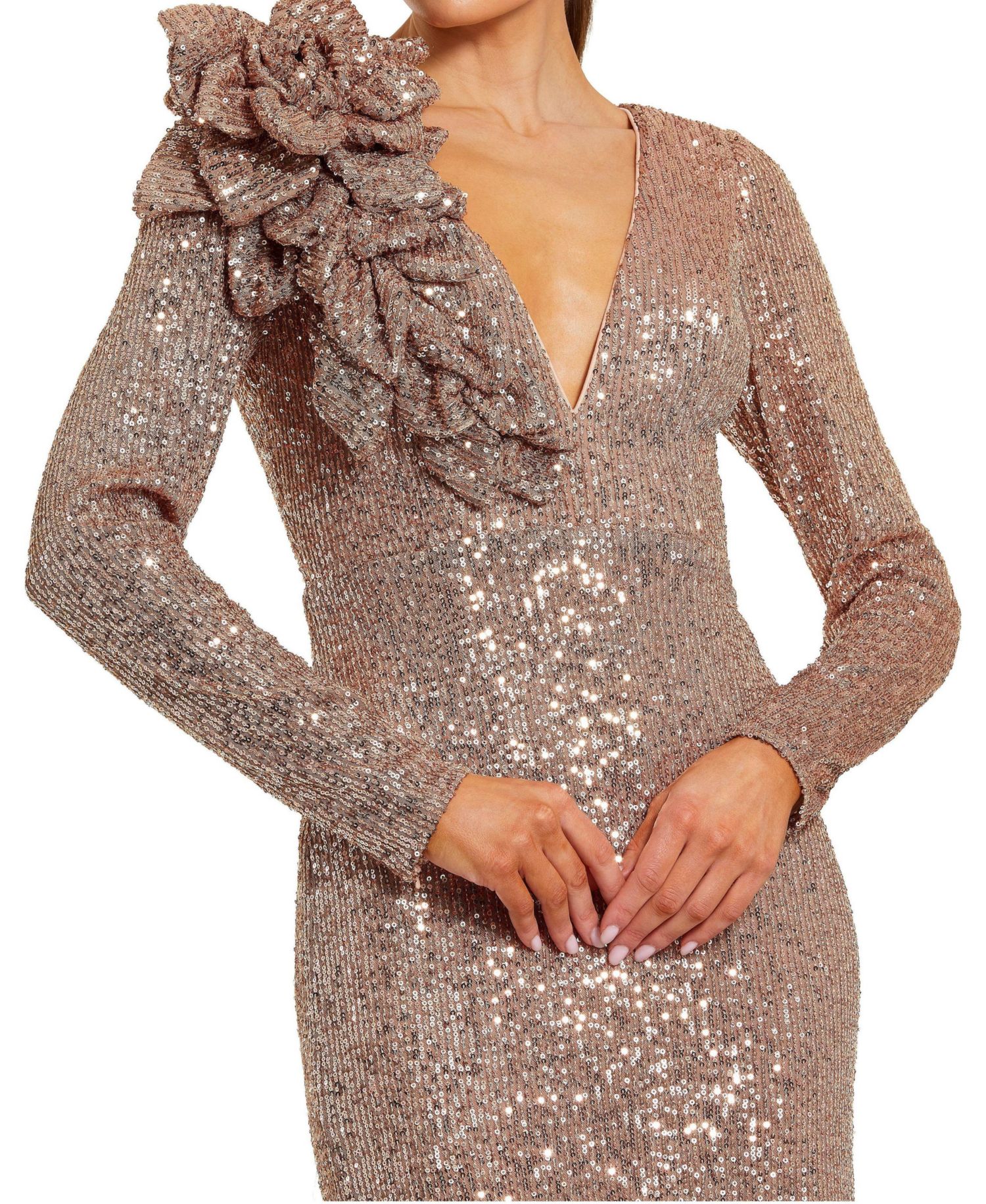 Women's V-Neck Sequin Evening Gown with 3D Floral Applique
