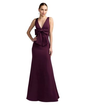 Women's Crepe Sleeveless V Neck Column Dress With Bow