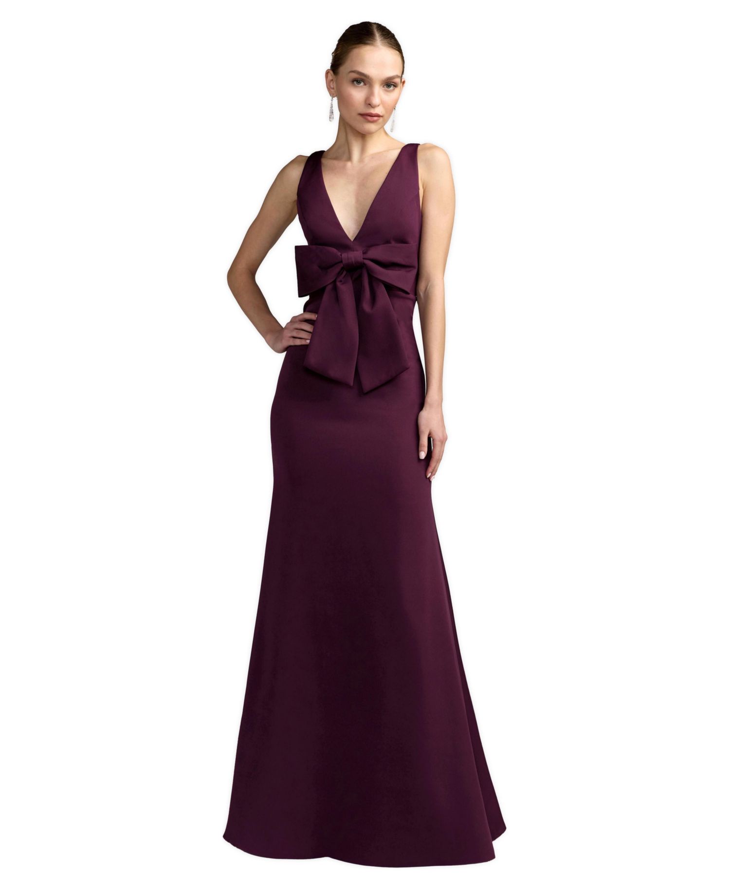 Women's Crepe Sleeveless V Neck Column Dress With Bow