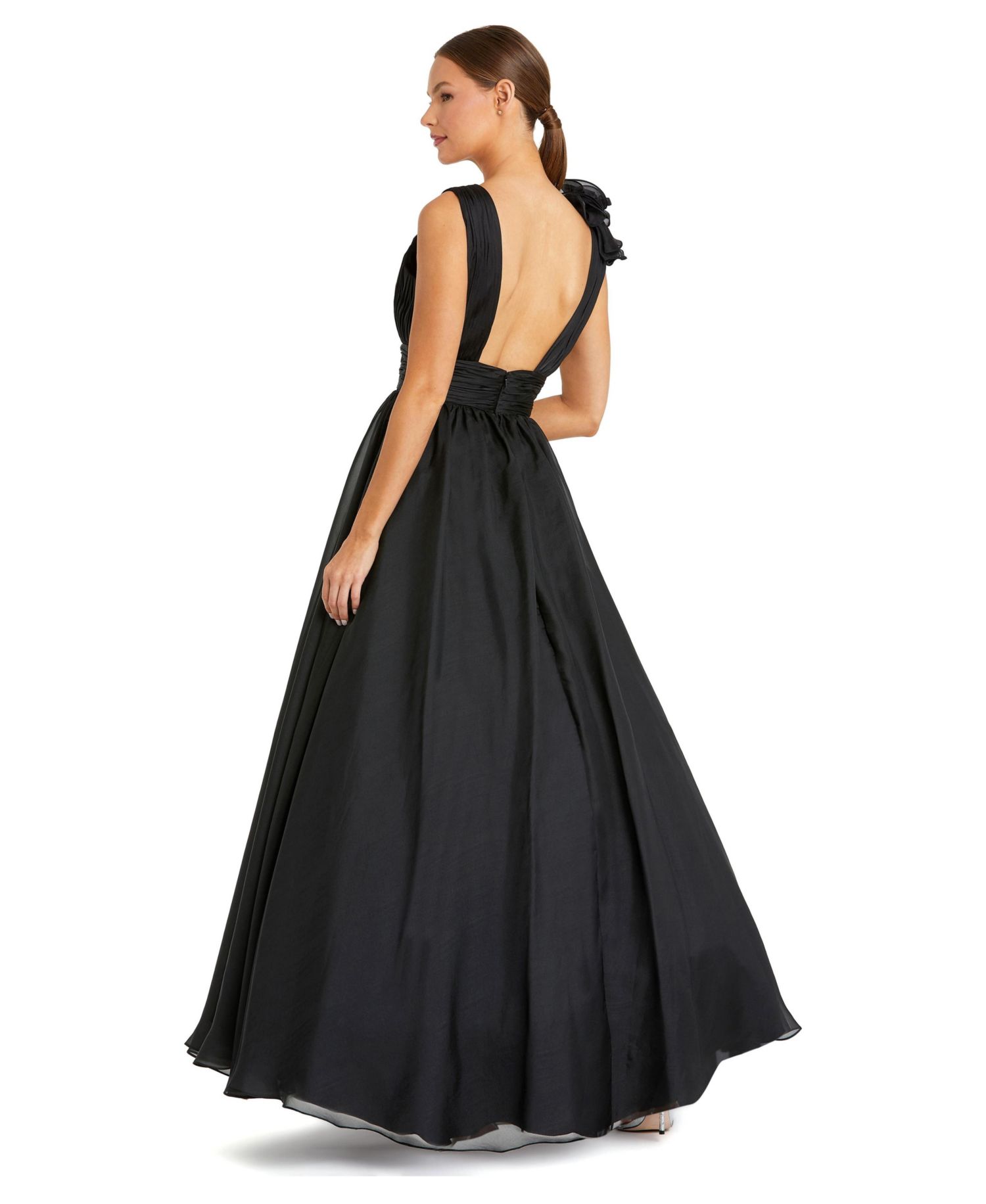 Petite Ruffle Shoulder V-Neck A-Line Evening Gown