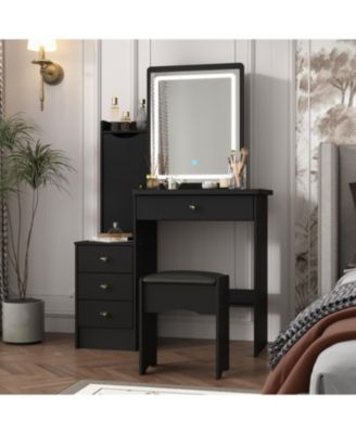 52-Inch Vanity Desk with Matching Stool - Modern Makeup Table with LED Light & Sliding Mirror | 2-in-1 Dresser & Nightstand Combo