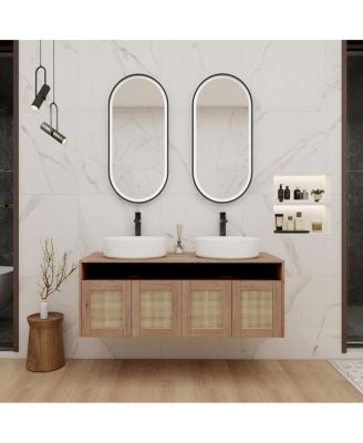 Wall Mounted Double Bathroom Vanity, Modern Plywood Cabinet with Dual Vessel Ceramic Sinks, Open Storage Shelf