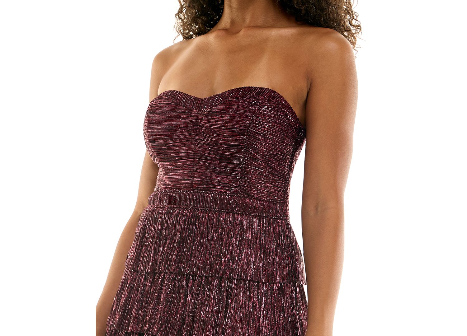 Juniors' Metallic Ruched Strapless Tiered Skirt Mini Dress