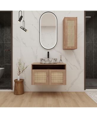 Wall Mounted Bathroom Vanity Set, Modern Plywood Cabinet with Vessel Sink, Rotating Rattan Side Storage