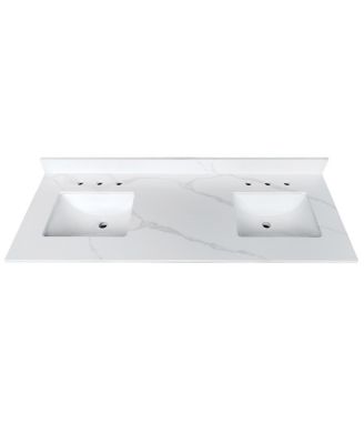 61 Inch Double Sink Quartz Bathroom Vanity Top with Undermount Sinks, Carrara Marble Look, 4" Backsplash, Stain and Heat Resistant