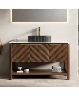 Modern Bathroom Vanity with Vessel Sink, Sintered Stone Countertop, Soft Close Solid Wood 3D Doors, Open Shelf Storage
