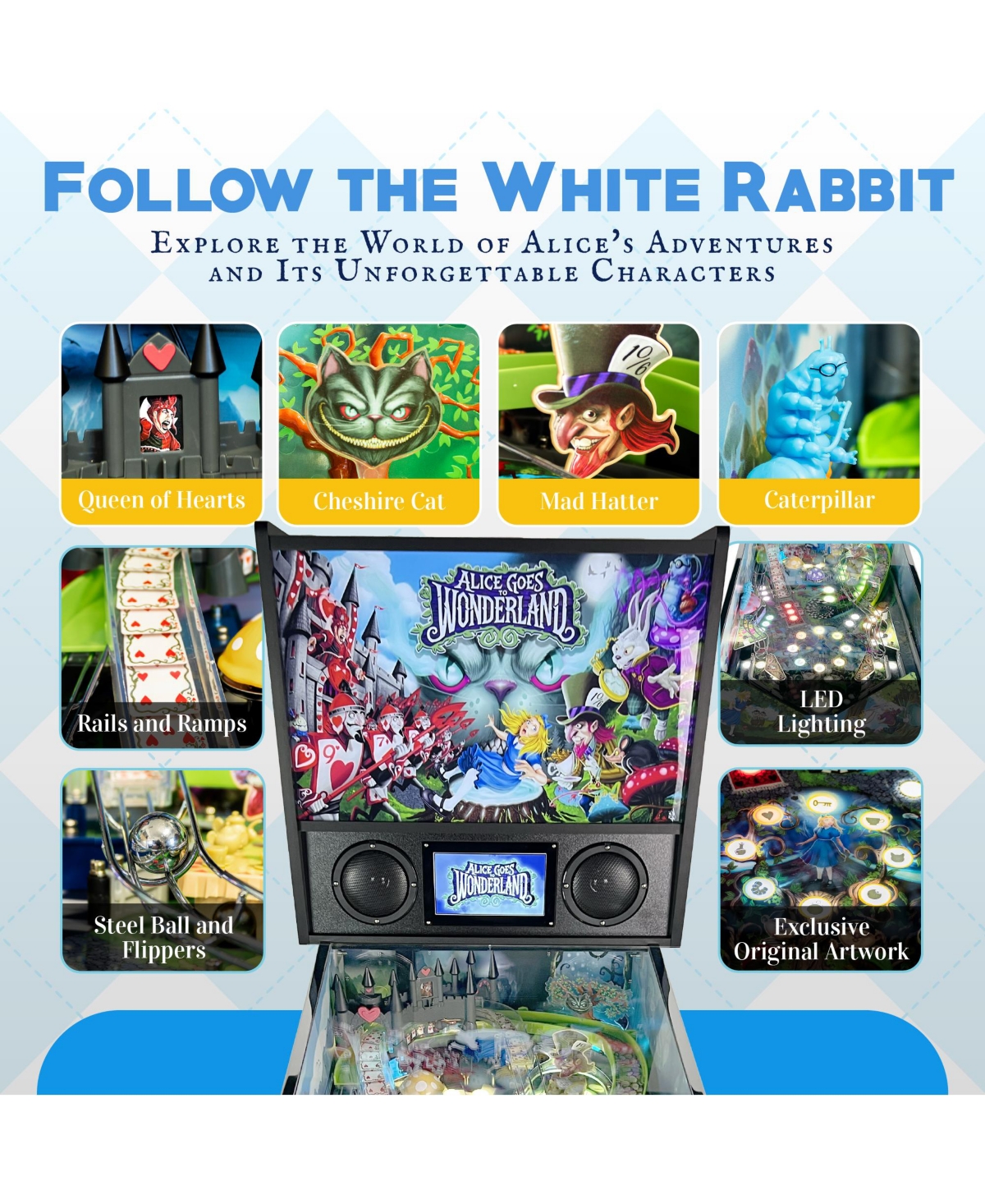 Wonderland Amusements Alice Goes to Wonderland Pinball Machine with Led Lighting