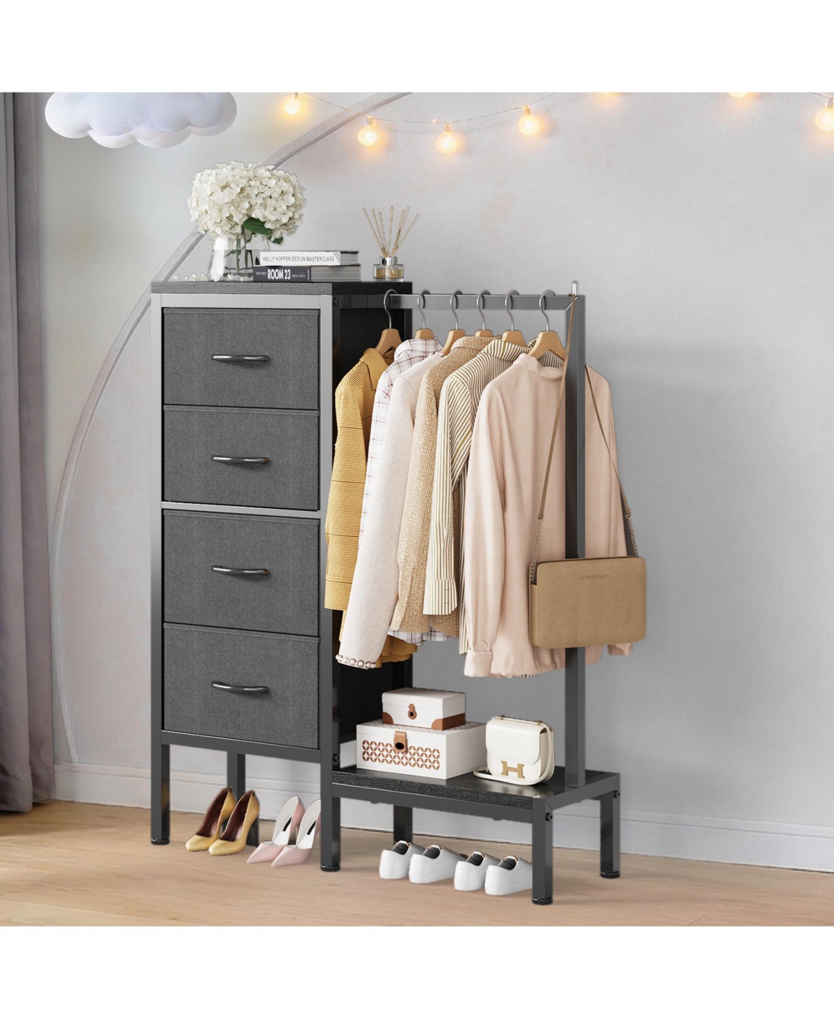 homfan Heavy Duty 4-Drawer Fabric Dresser with Hanging Rail - Multi-Functional Storage Organizer Shelf Metal Frame, Anti-Tip Safety