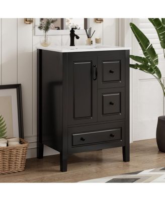 24" Vintage Freestanding Vanity With Ceramic Sink, Painted MDF Cabinet, 1 Soft-Close Door 3 Soft-Close Drawers