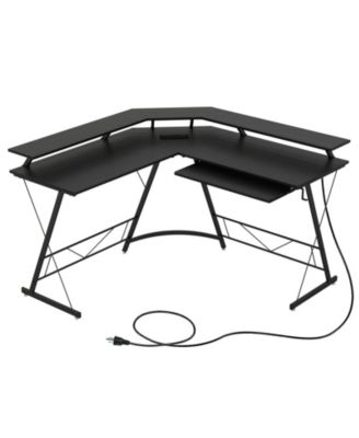L-Shaped Corner Computer Desk with Power Outlet, USB Ports and Monitor Stand