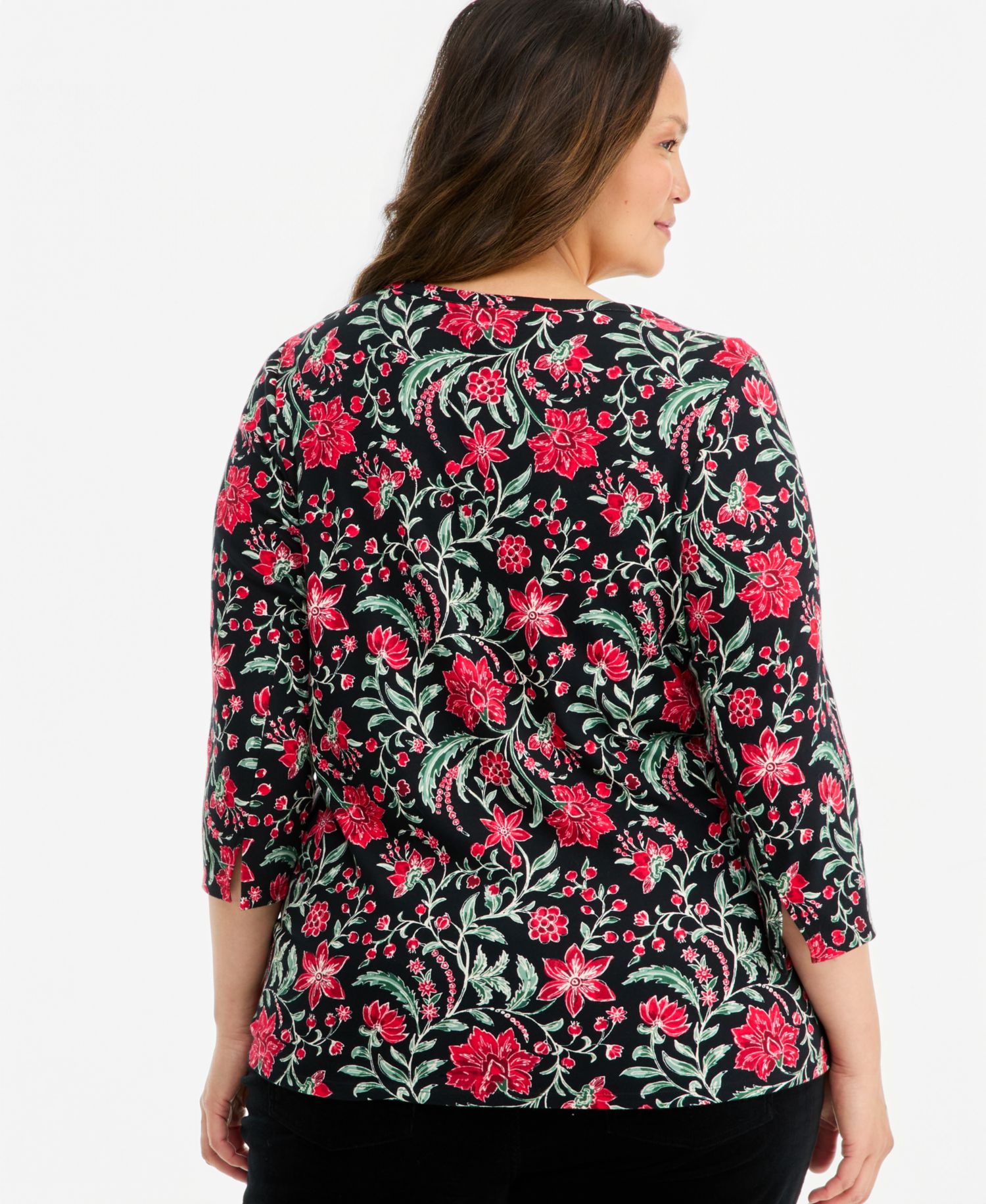 Plus Size Printed 3/4 Sleeve Boat-Neck Top