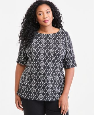 Plus Size Printed Boat-Neck Elbow Sleeve Top