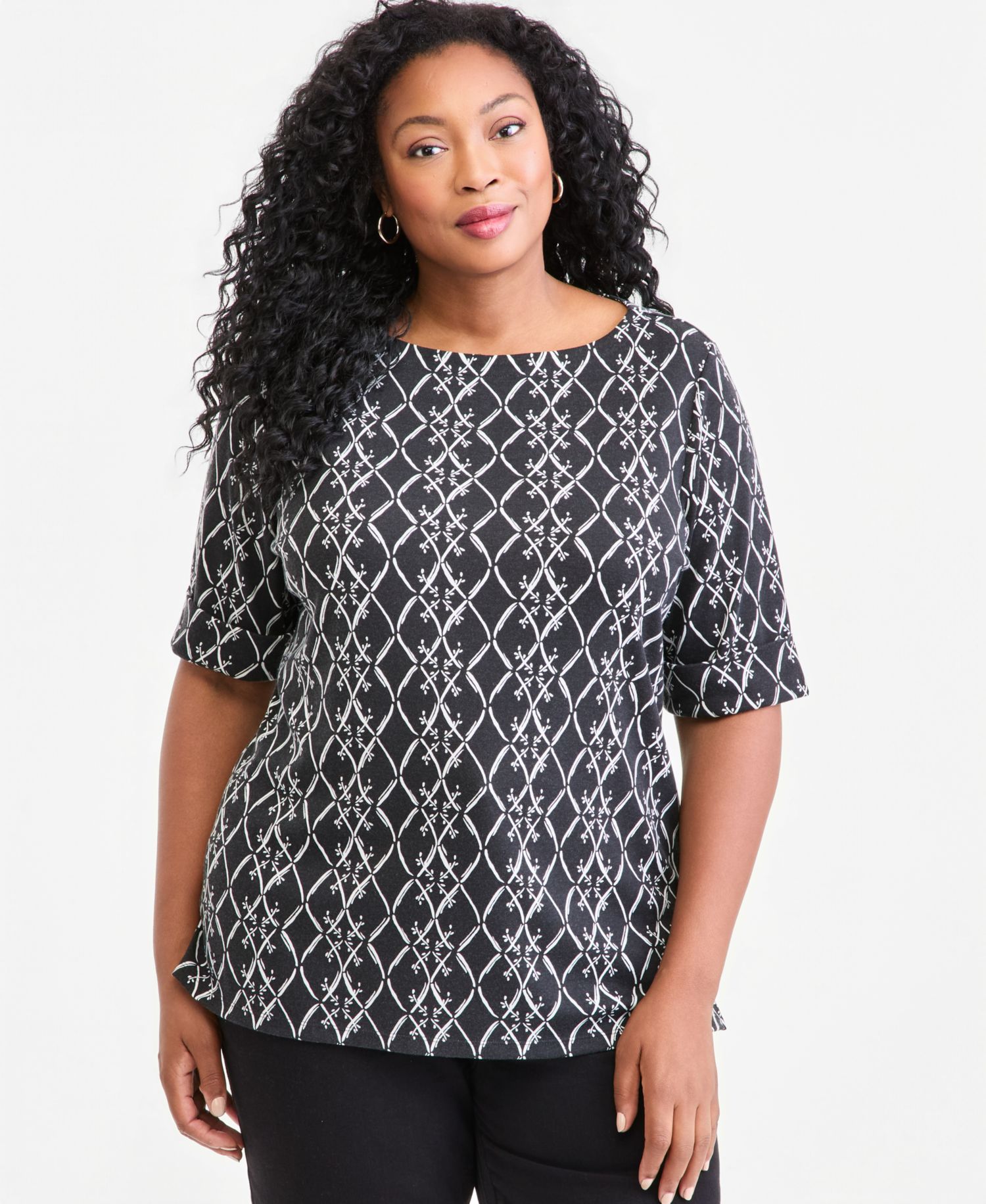 Plus Size Printed Boat-Neck Elbow Sleeve Top